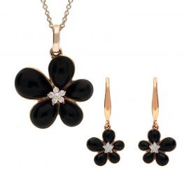 18ct Rose Gold Whitby Jet Diamond Large Flower Two Piece Set