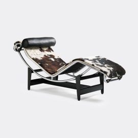 Cassina Seating - '4 Chaise longue à reglage continu', black and white hairyskin in White, black and brown Chrome frame, black base and h