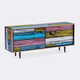 Established & Sons Room Organising - 'Wrongwoods' low cabinet, pink and blue in Pink, blue Plywood, timber, paint, clear