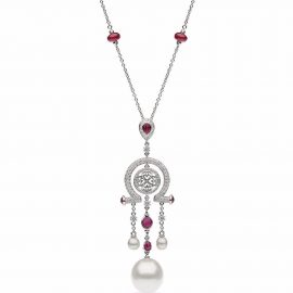 AUTORE 18kt white gold Omega pearl, diamond and ruby pendant necklace - Silver