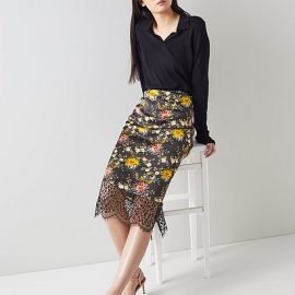 Agnes Floral Print Black Silk Pencil Skirt Multi, Multi