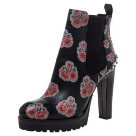 Alexander McQueen Black Floral Print Leather Chelsea Studded Heels Ankle Boots Size 39