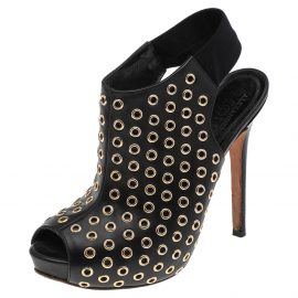 Alexander McQueen Black Leather Grommet Peep Toe Ankle Slingback Boots Size 36