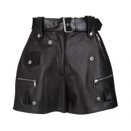 Alexander McQueen Woman Black Leather Shorts With Belt And Studs