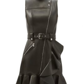 Alexander Mcqueen - Ruffled-hem Belted Leather Mini Dress - Womens - Black