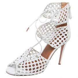 Aquazzura White Woven Leather Be My Lover Ankle Length Sandals Size 39.5