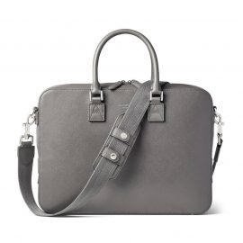 Aspinal of London® Finest Quality Full-Grain Leather Grey Saffiano Print Small Mount Street Laptop Bag