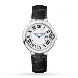 Ballon Bleu de Cartier watch, 33 mm, quartz movement. Steel case, fluted crown set with a synthetic cabochon-shaped spinel