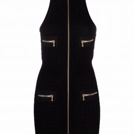 Balmain square-knit sleeve zip-front mini dress - Black