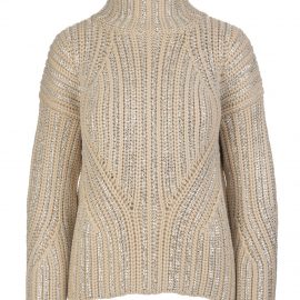 Beige High Collar Sweater With Crystals