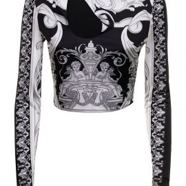 Black And Gray Crop Top In Stretch Fabric With Allover Barocco Print Versace Woman