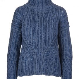 Blue High Collar Sweater With Crystals
