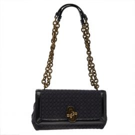 Bottega Veneta Black Intrecciato Fabric and Patent Leather Olimpia Knot Shoulder Bag