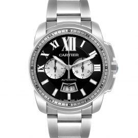 Cartier Black Stainless Steel Calibre Chronograph W7100061 Men's Wristwatch 42 MM