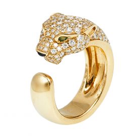 Cartier Panthere De Cartier Diamond Emerald Onyx 18K Yellow Gold Ring Size 50, Yellow