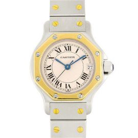 Cartier Santos Octagon Date SM K18 Yellow Gold Stainless Steel Ladies Watch Quartz Ivory Dial W2001683, Gold