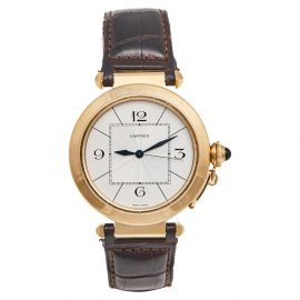 Cartier Silver 18k Yellow Gold Leather Pasha Jumbo W3018651 Men's Wristwatch 42 mm