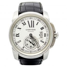 Cartier Silver Stainless Steel Crocodile Calibre De Cartier 3299 Men's Wristwatch 42 mm