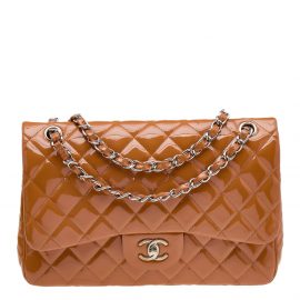 Chanel Burnt Orange Quilted Patent Leather Jumbo Classic Double Flap Bag, Orange