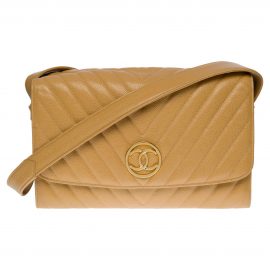 Chanel Classic Flap shoulder bag in gold herringbone caviar leather, GHW, Gold
