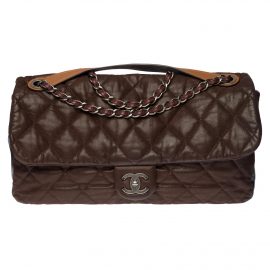 Chanel Classic XL shoulder bag in brown quilted lambskin, aged silver hardware, Brown