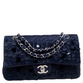 Chanel Midnight Blue Quilted Satin Pailette Embellished Medium Classic Double Flap Bag, Blue
