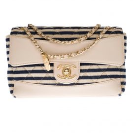 Chanel New Mini Timeless Shoulder bag in beige leather & blue navy cotton, GHW, Nude & Neutrals