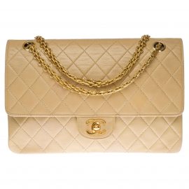 Chanel Timeless/Classic double Flap shoulder bag in beige quilted lambskin, GHW, Nude & Neutrals