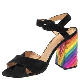 Charlotte Olympia Black Suede Block Heel Ankle Strap Sandals Size 38.5