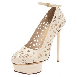 Charlotte Olympia Cream Cut Out Leather Scribble Dolores Ankle Strap Platform Pumps Size 38
