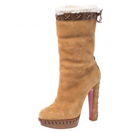Christian Louboutin Beige Suede, Leather And Fur Trim Step N Roll Platform Boots Size 36.5