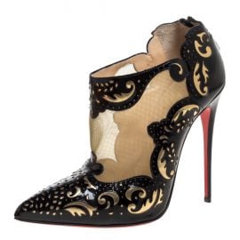 Christian Louboutin Black Patent Leather And Mesh Madolina Lazer Cut Ankle Booties Size 38