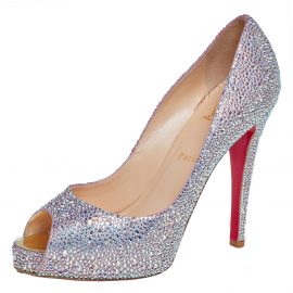 Christian Louboutin Silver Crystal Embellished Leather Lady Peep Toe Platform Pumps Size 40