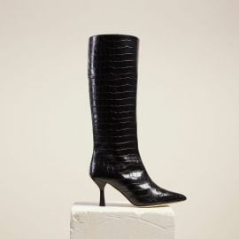 Dear Frances - Black Croc Leather Pull On Pointed Toe Knee High Boots