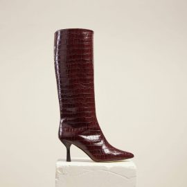 Dear Frances - Brown Croc Leather Pull On Pointed Toe Knee High Boots