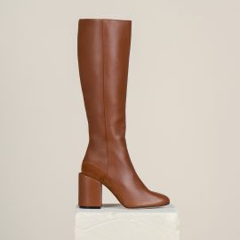 Dear Frances - Brown Leather Block Heel Zip Up Knee High Boots