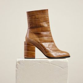 Dear Frances - Women's Brown Croc Print Leather Block Heeled Ankle Boots