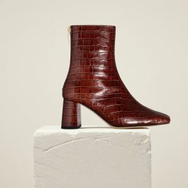 Dear Frances - Women's Brown Square Toe Block Heel Croc Leather Ankle Boots