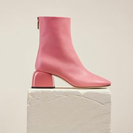 Dear Frances - Women's Pink Asymmetric Toe Shape Low Block Heel Leather Ankle Boots
