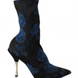 Dolce & Gabbana Black Stretch Blue Roses Ankle Boots Women's Shoes - Atterley