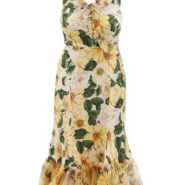 Dolce & Gabbana - Camellia-print Ruffled Silk-blend Midi Dress - Womens - Yellow Multi