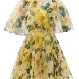 Dolce & Gabbana - Caped Camellia-print Silk-organza Mini Dress - Womens - Yellow Print