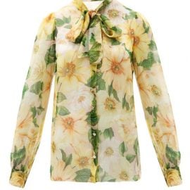Dolce & Gabbana - Pussy-bow Camellia-print Silk-chiffon Blouse - Womens - Yellow Multi