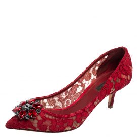 Dolce & Gabbana Red Lace And Mesh Crystal Embellished Bellucci Pumps Size 39