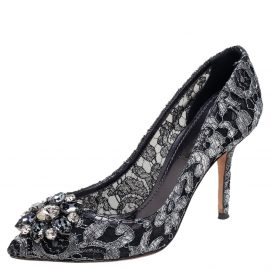 Dolce & Gabbana Silver/Black Bellucci Lace Crystal Embellished Pointed Toe Pumps Size 37