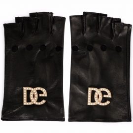 Dolce & Gabbana leather DG-logo fingerless gloves - Black