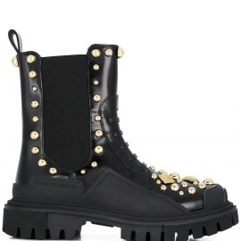 Dolce & Gabbana studded embroidery combat boots - Black