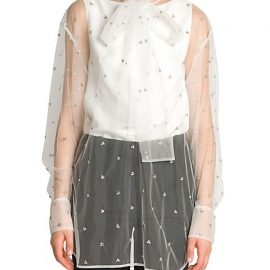 Embellished Sheer Tulle Tieneck Blouse