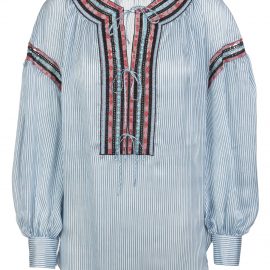 Ermanno Scervino Striped Blue Silk Blouse With Ethnic Embroidery