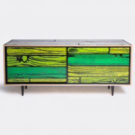Established & Sons Room Organising - 'Wrongwoods' low cabinet, green in Green Plywood, timer, paint, clear l